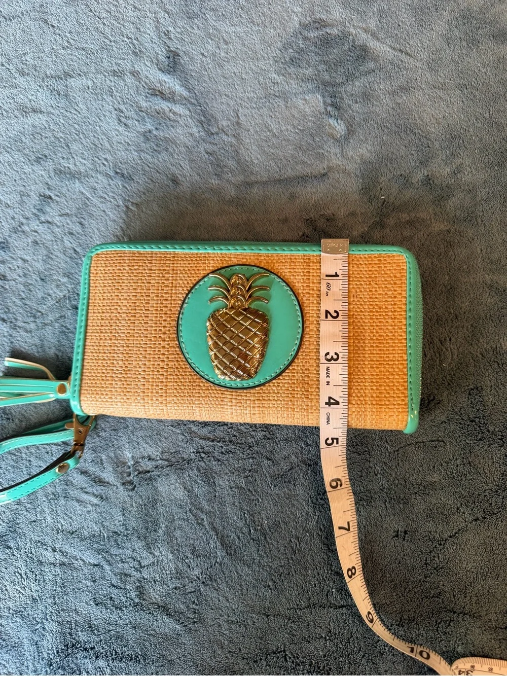 Woven Straw Wristlet Clutch with Teal Trim and Gold Pineapple Accent